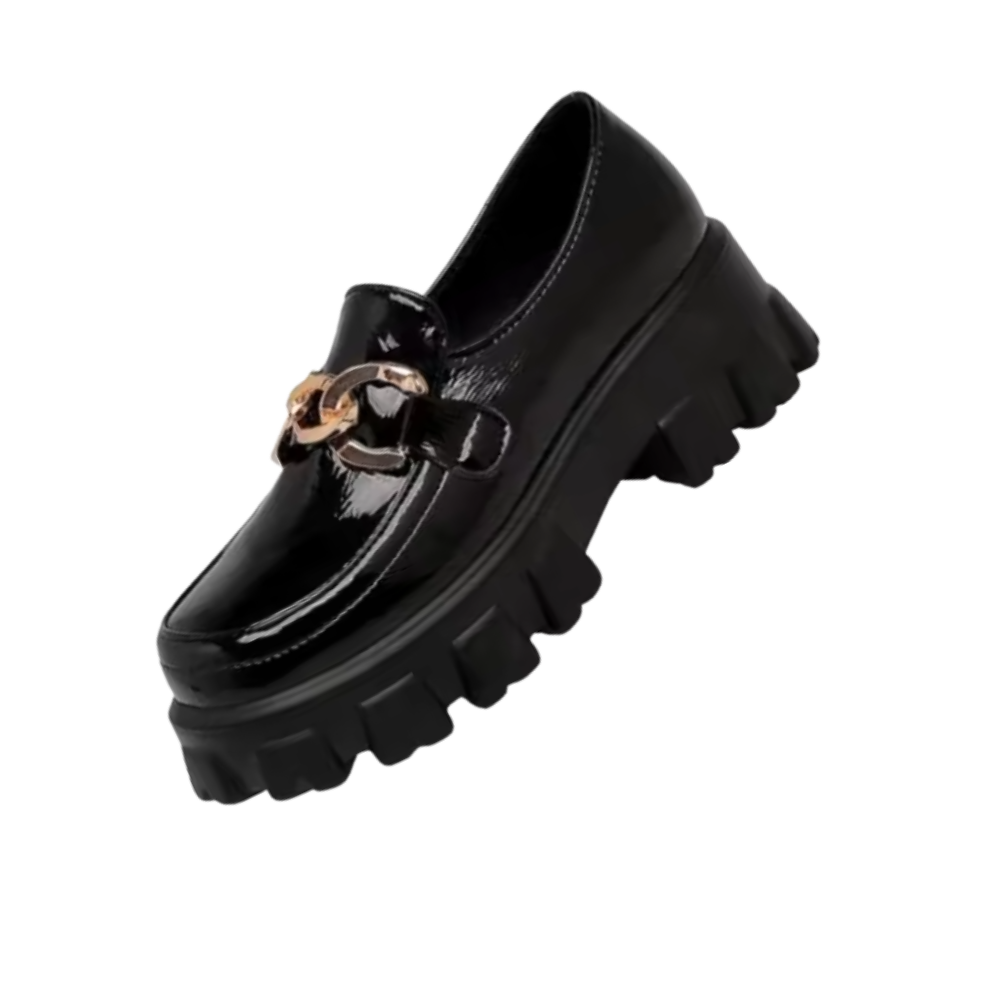 Chunky Stilfulde Læder Loafers -Skinnende sort - Ozerty