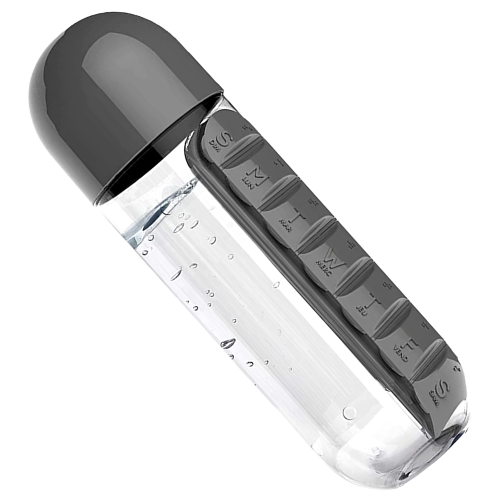 Vandflaske i plast med pilleæske