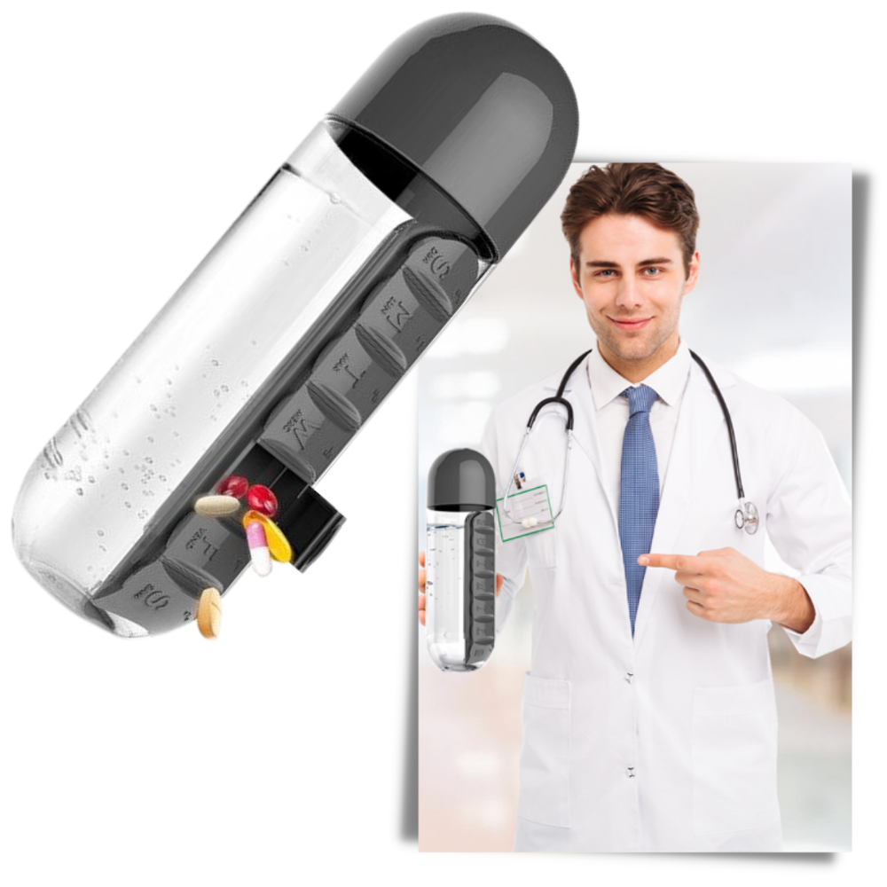 Vandflaske i plast med pilleæske - Ozerty