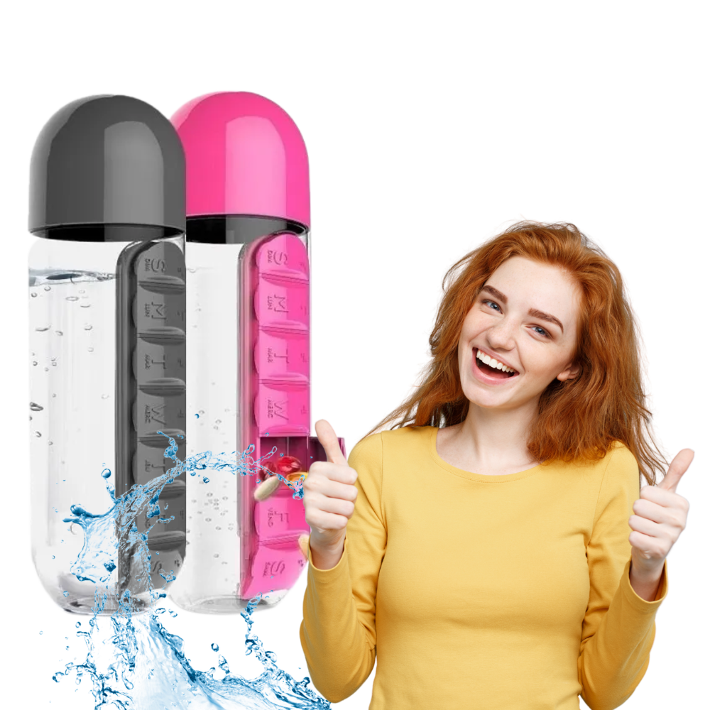 Vandflaske i plast med pilleæske - Ozerty