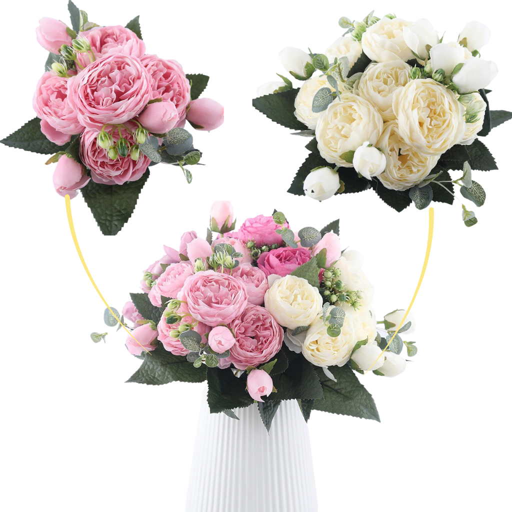 Kunstig Silkepæon og Rosen Blomsterbuket - Ozerty