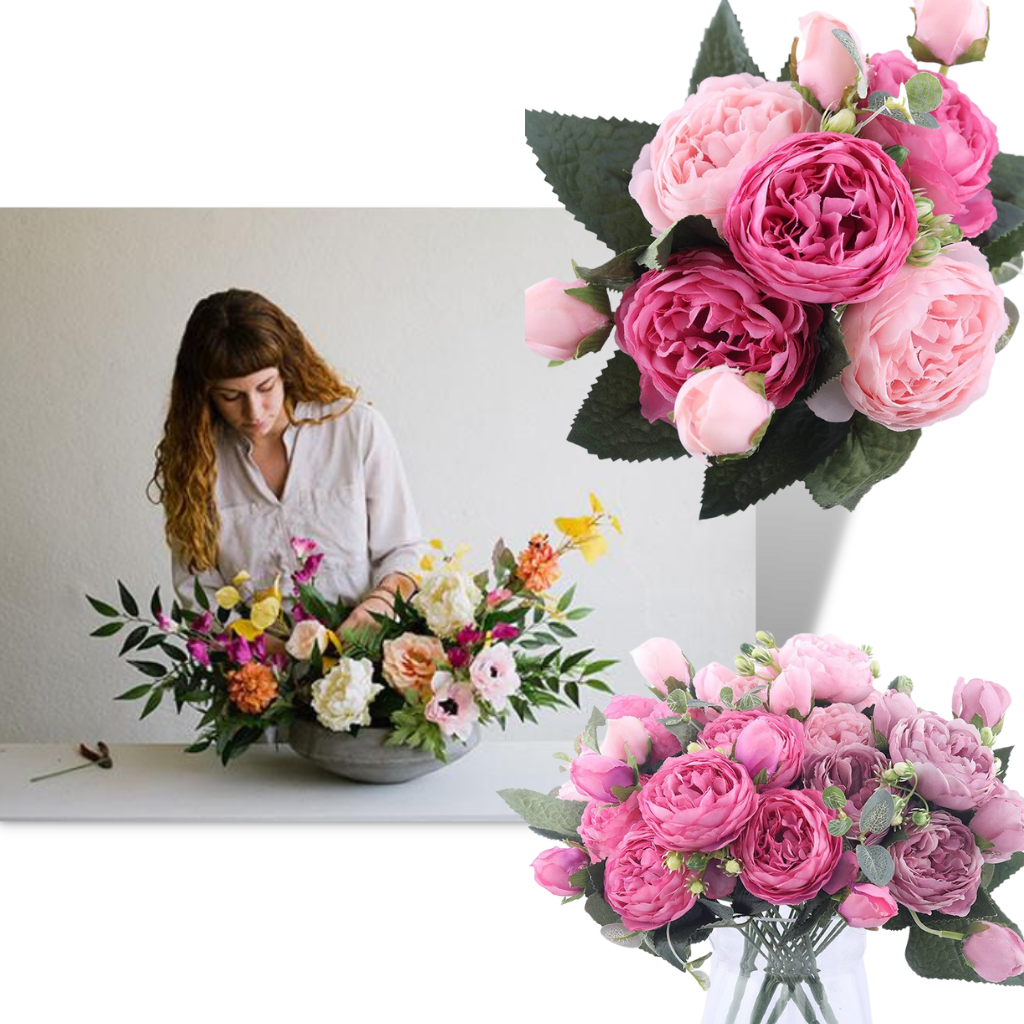 Kunstig Silkepæon og Rosen Blomsterbuket - Ozerty