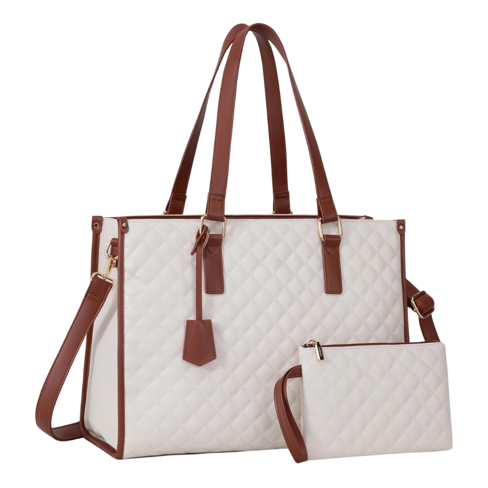 Isoleret Carry-All Tote Bag -Hvid med brune håndtag - Ozerty